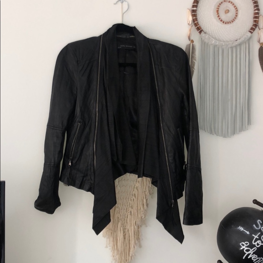 Zara Black Lambskin Leather Jacket - Waterfall Hem